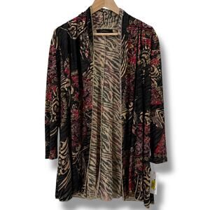 Calesssa Burnout Lagenlook Artsy Duster Cardigan Sz Medium Floral Animal Print